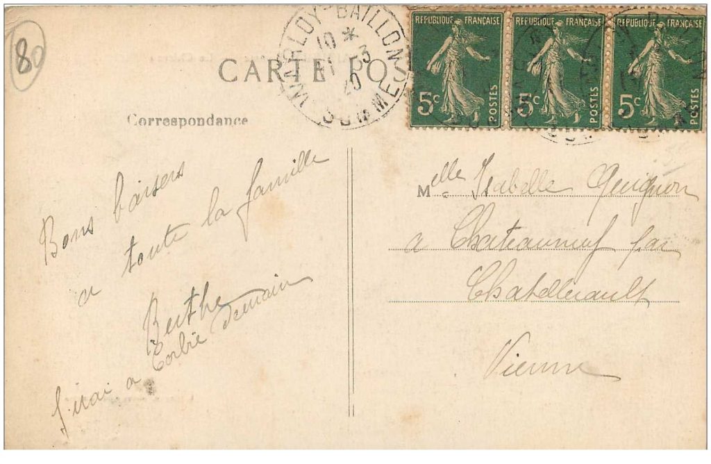 verso d'une carte postale représentant la façade est du château des marronniers à baizieux, dals la somme, anciennement l'entrée principale